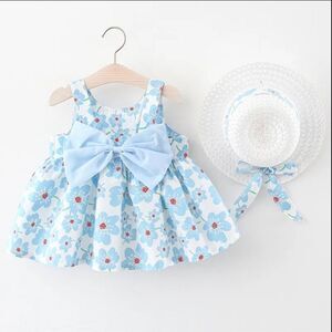 Baby girls blue floral cotton dresss with sun hat